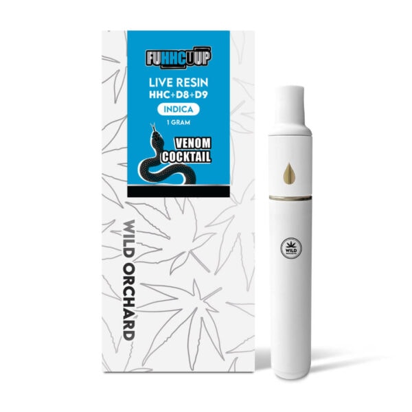 A white box with an HHC Disposable Vape Pen "Alien Piss" 1 Gram vaporizer in front of it.