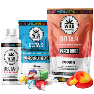 Delta 9 THC Berry Shots, Saltwater Taffy, Peach Rings Chews together