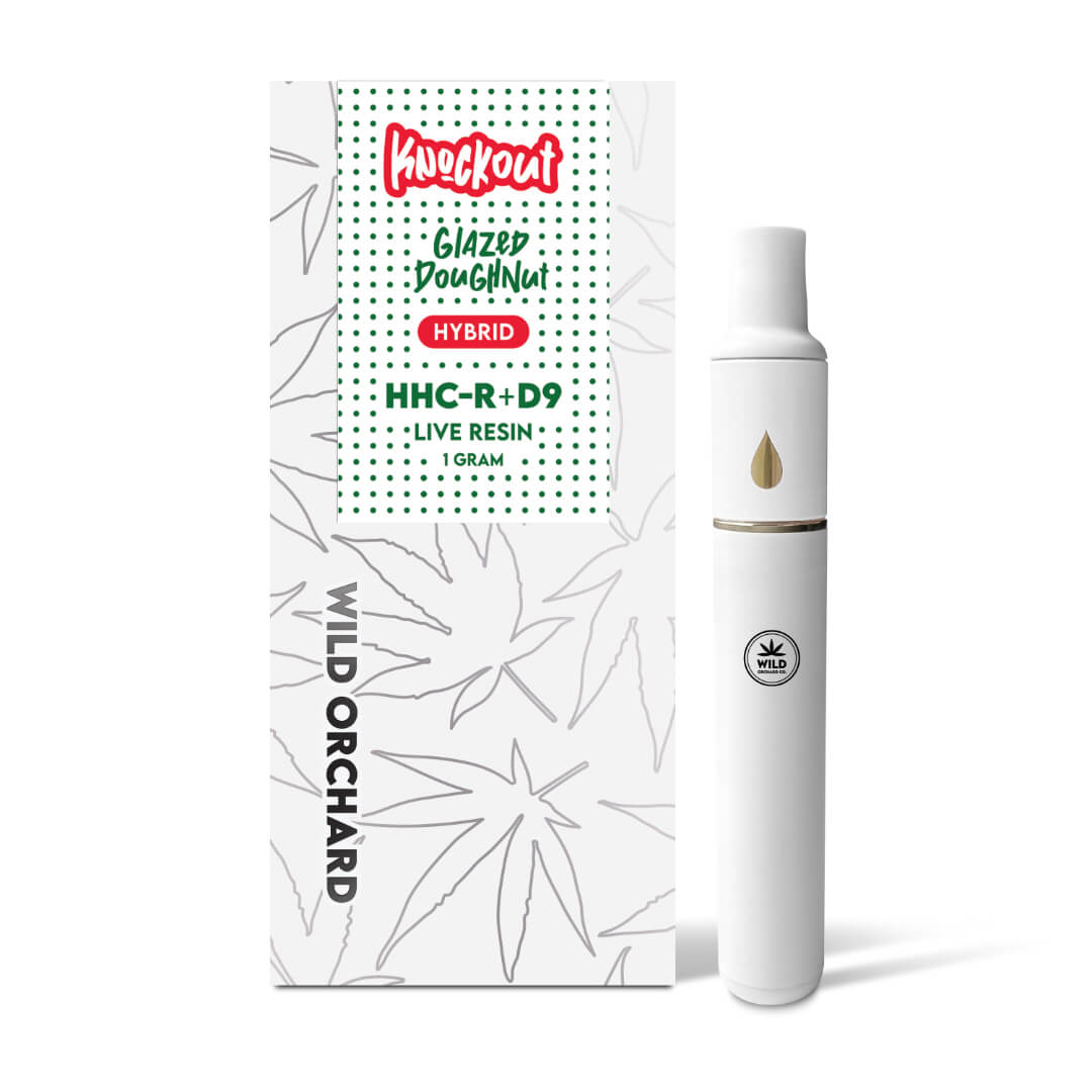 A white box with a Knockout “Strawberry Cough” HHC-R Live Resin Vape 1 Gram in front of it.