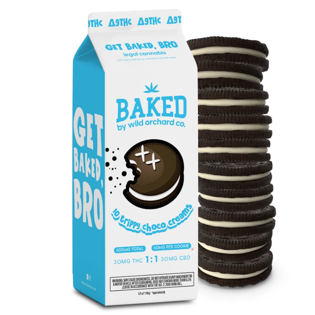 A milk carton and a stack of Baked Delta-9 Trippy choco creams Cookies.